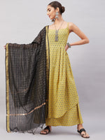 Thumbnail for InWeave Women's Yelllow Floarl Print Strappy Set W Black Gold Check Dupatta - Distacart