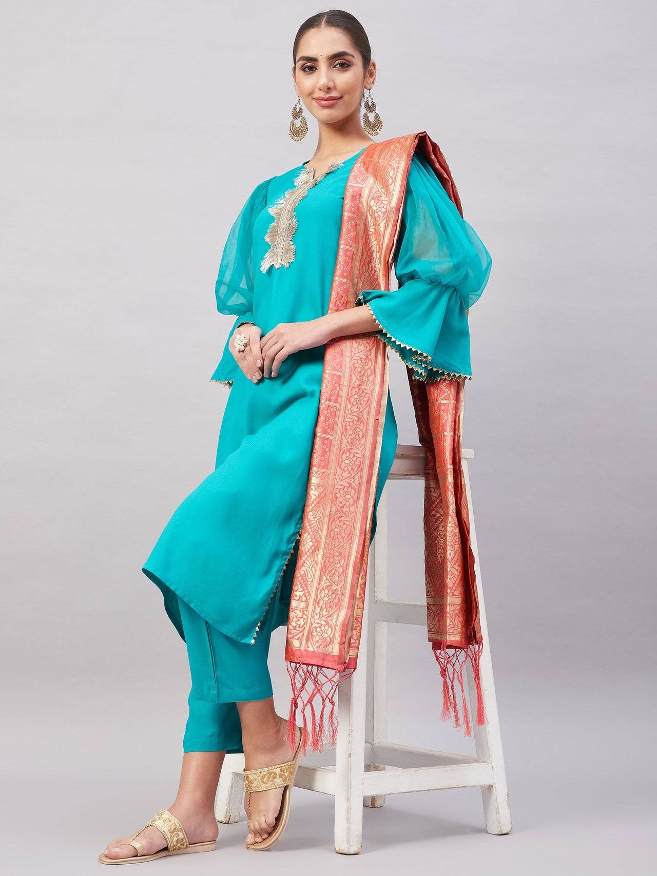InWeave Women's Aqua Organza Sleeve Kurta Set With Peach Brocade Dupatta - Distacart