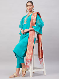 Thumbnail for InWeave Women's Aqua Organza Sleeve Kurta Set With Peach Brocade Dupatta - Distacart