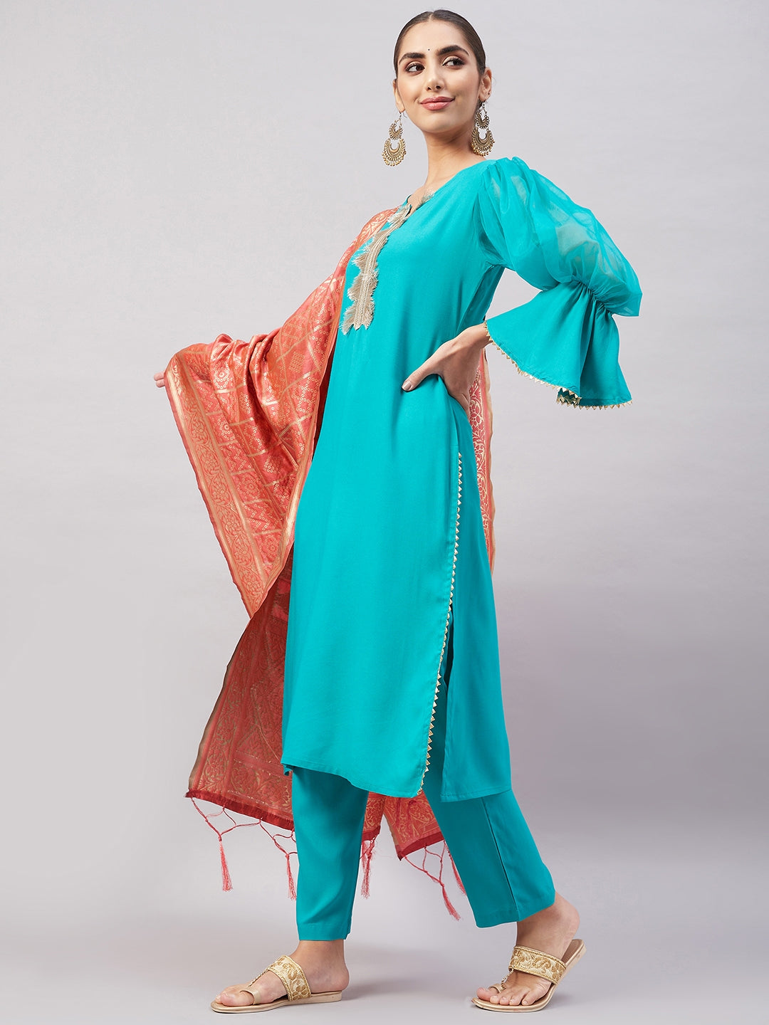 InWeave Women's Aqua Organza Sleeve Kurta Set With Peach Brocade Dupatta - Distacart