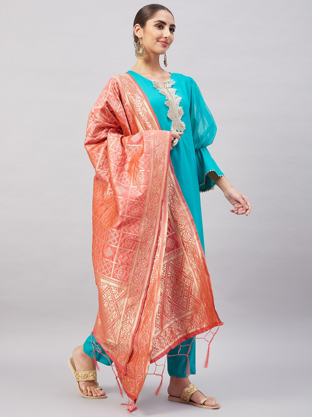 InWeave Women's Aqua Organza Sleeve Kurta Set With Peach Brocade Dupatta - Distacart