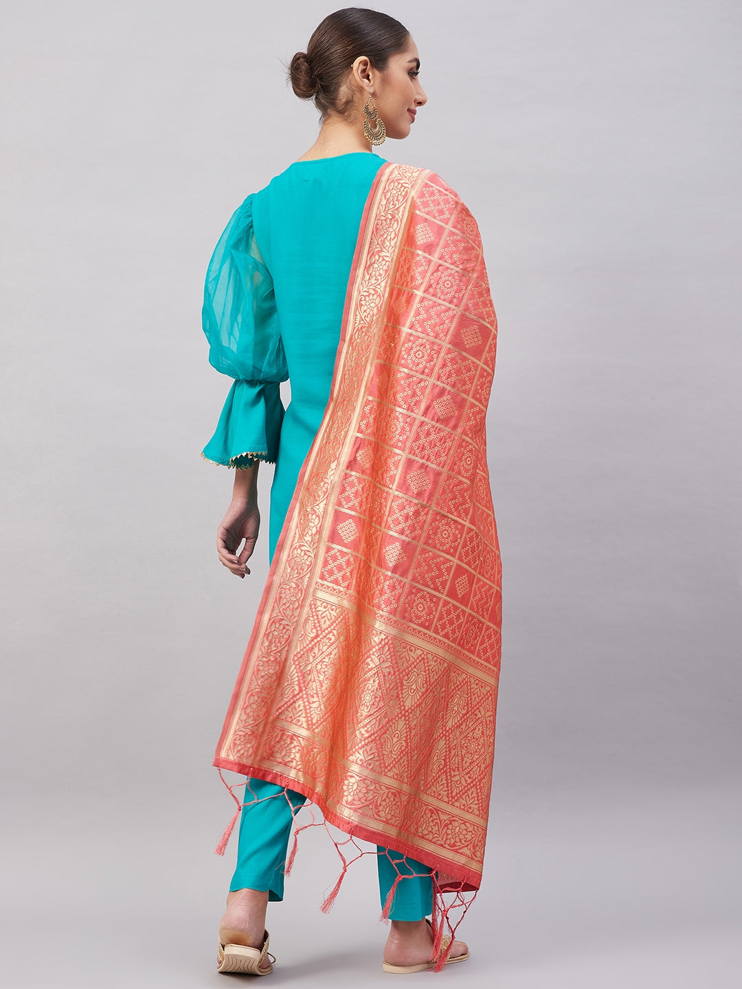 InWeave Women's Aqua Organza Sleeve Kurta Set With Peach Brocade Dupatta - Distacart