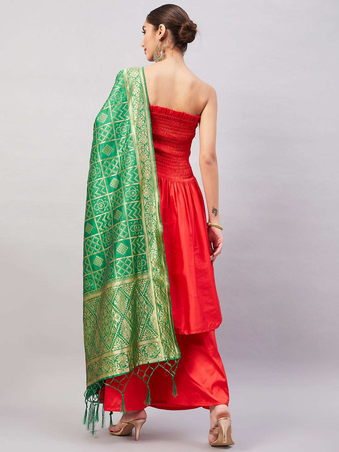 InWeave Women's Red Off Shoulder Kurta Set W Green Brocade Dupatta - Distacart