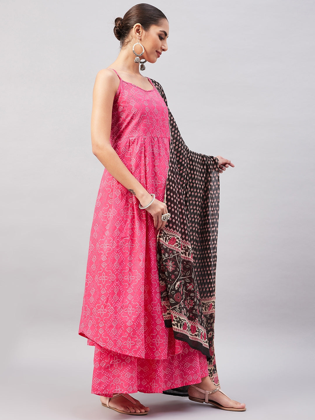 InWeave Women's Pink Bandhani Strappy Set W Black Pink Ethnic Dupatta - Distacart