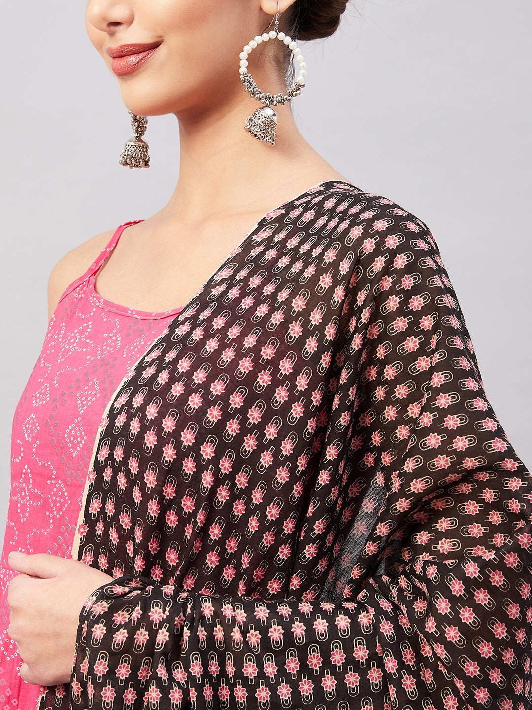 InWeave Women's Pink Bandhani Strappy Set W Black Pink Ethnic Dupatta - Distacart