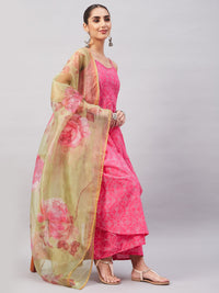 Thumbnail for InWeave Women's Pink Bandhani Strappy Set W Golden Floral Organza Dupatta - Distacart