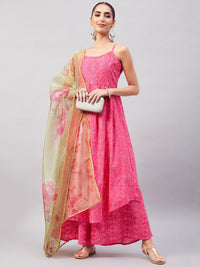 Thumbnail for InWeave Women's Pink Bandhani Strappy Set W Golden Floral Organza Dupatta - Distacart