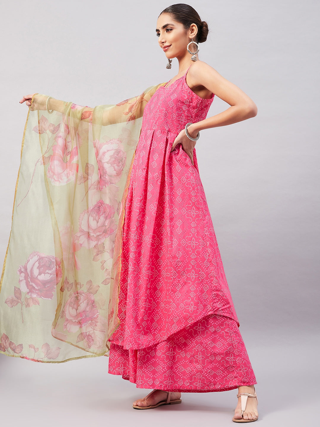 InWeave Women's Pink Bandhani Strappy Set W Golden Floral Organza Dupatta - Distacart