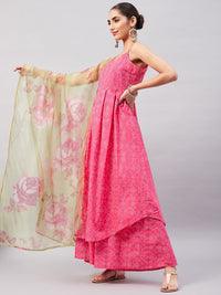 Thumbnail for InWeave Women's Pink Bandhani Strappy Set W Golden Floral Organza Dupatta - Distacart