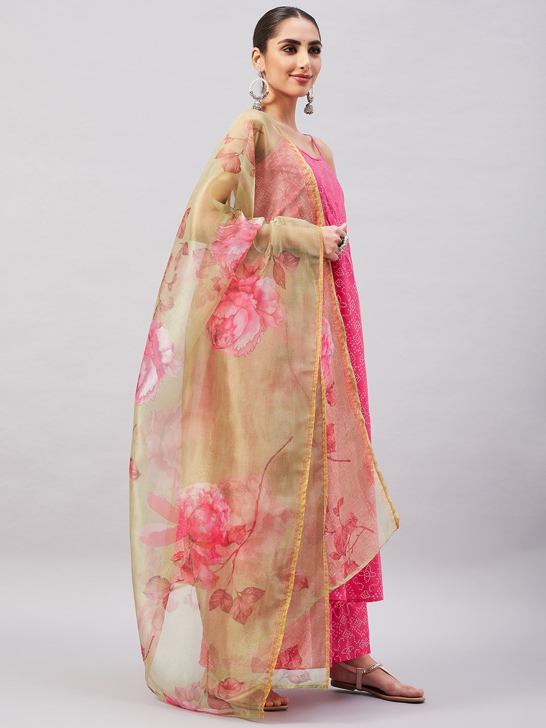 InWeave Women's Pink Bandhani Strappy Set W Golden Floral Organza Dupatta - Distacart
