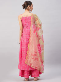 Thumbnail for InWeave Women's Pink Bandhani Strappy Set W Golden Floral Organza Dupatta - Distacart