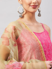 Thumbnail for InWeave Women's Pink Bandhani Strappy Set W Golden Floral Organza Dupatta - Distacart