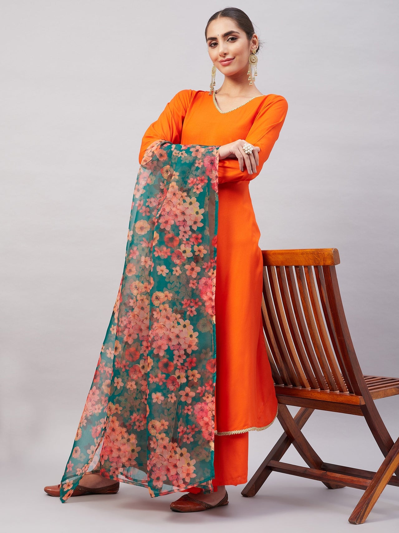 InWeave Women's Orange Gota Long Anrkali Kurta Set W Black Organza Dupatta - Distacart