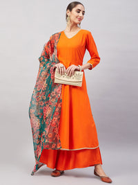 Thumbnail for InWeave Women's Orange Gota Long Anrkali Kurta Set W Black Organza Dupatta - Distacart