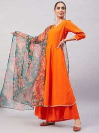 Thumbnail for InWeave Women's Orange Gota Long Anrkali Kurta Set W Black Organza Dupatta - Distacart