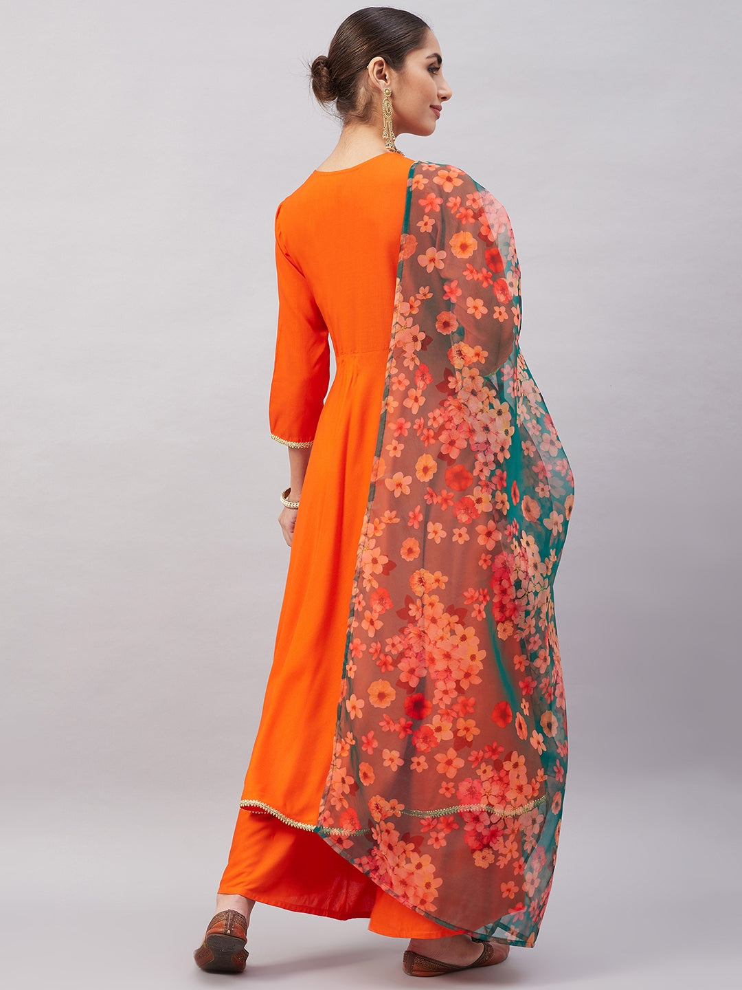 InWeave Women's Orange Gota Long Anrkali Kurta Set W Black Organza Dupatta - Distacart