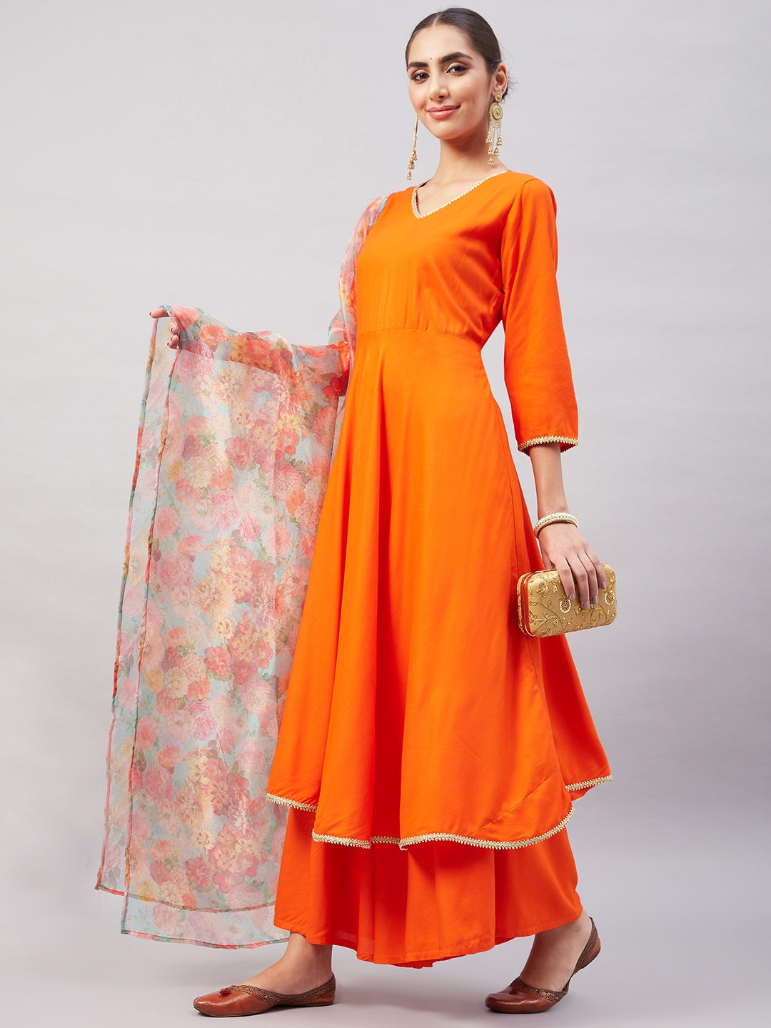 InWeave Women's Orange Gota Long Anrkali Kurta Set W Green Organza Dupatta - Distacart