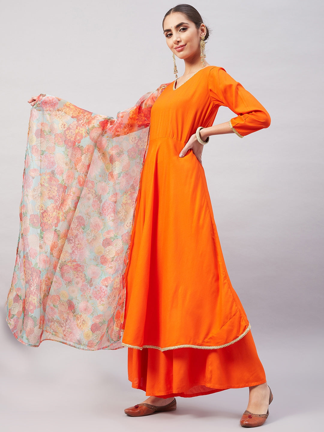 InWeave Women's Orange Gota Long Anrkali Kurta Set W Green Organza Dupatta - Distacart