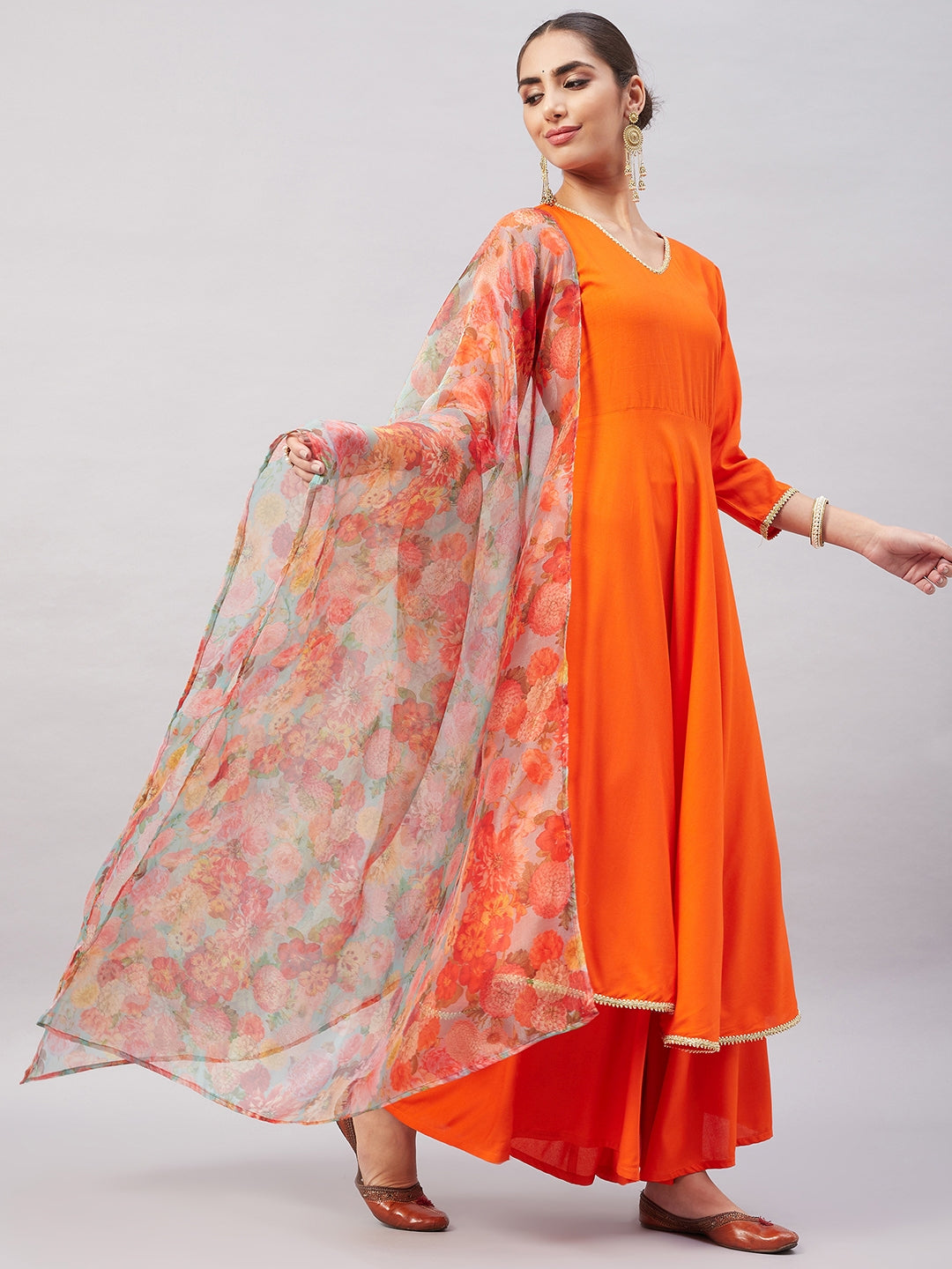 InWeave Women's Orange Gota Long Anrkali Kurta Set W Green Organza Dupatta - Distacart