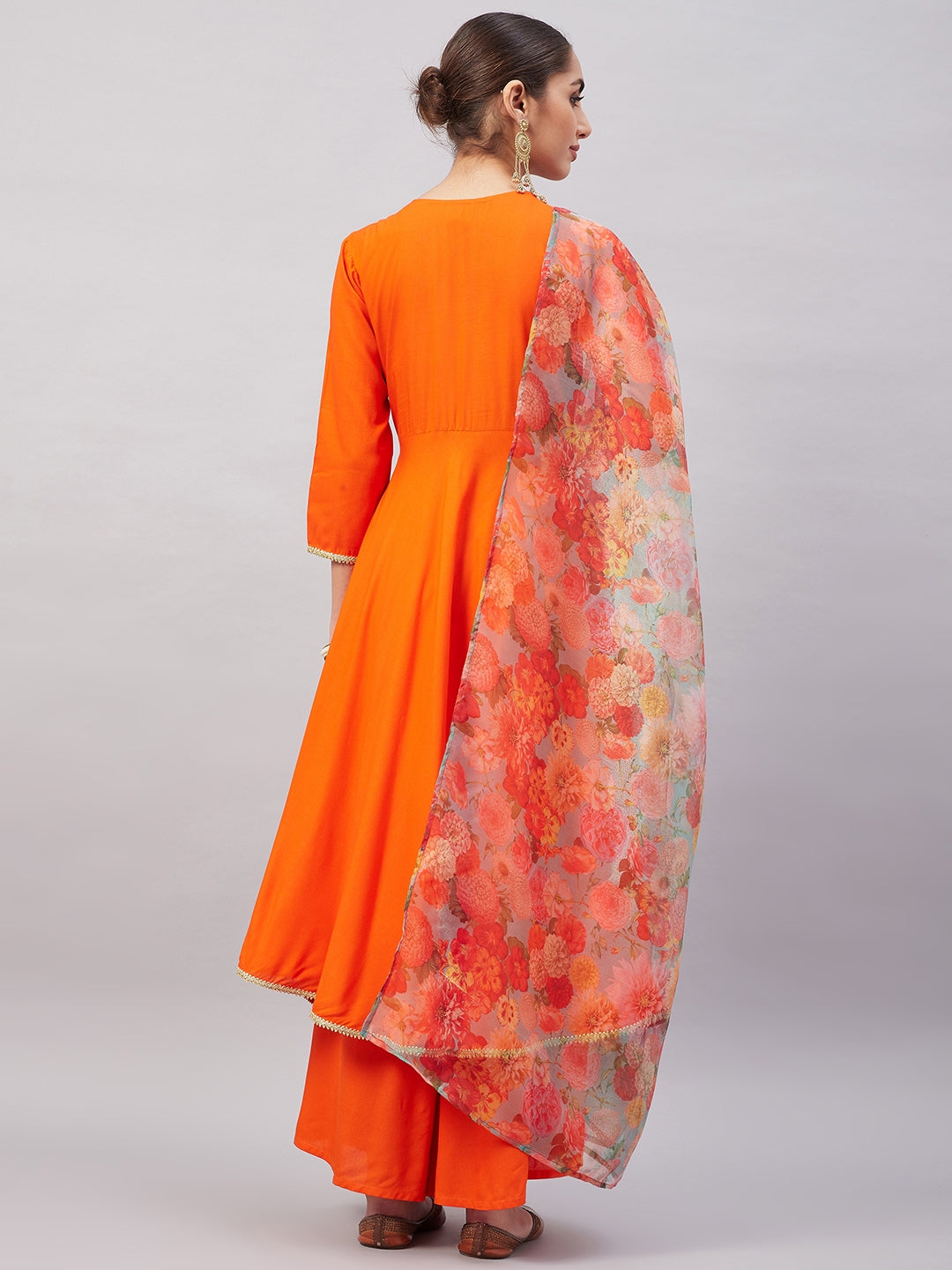 InWeave Women's Orange Gota Long Anrkali Kurta Set W Green Organza Dupatta - Distacart