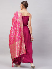 Thumbnail for InWeave Women's Wine Solid Strappy Set With Pink Brocade Dupatta - Distacart