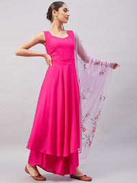 Thumbnail for InWeave Women's Fuchsia Sleeveless Kurta Set W Mauve Handpaint Organza Dupatta - Distacart