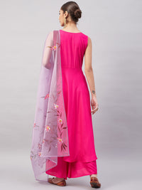 Thumbnail for InWeave Women's Fuchsia Sleeveless Kurta Set W Mauve Handpaint Organza Dupatta - Distacart