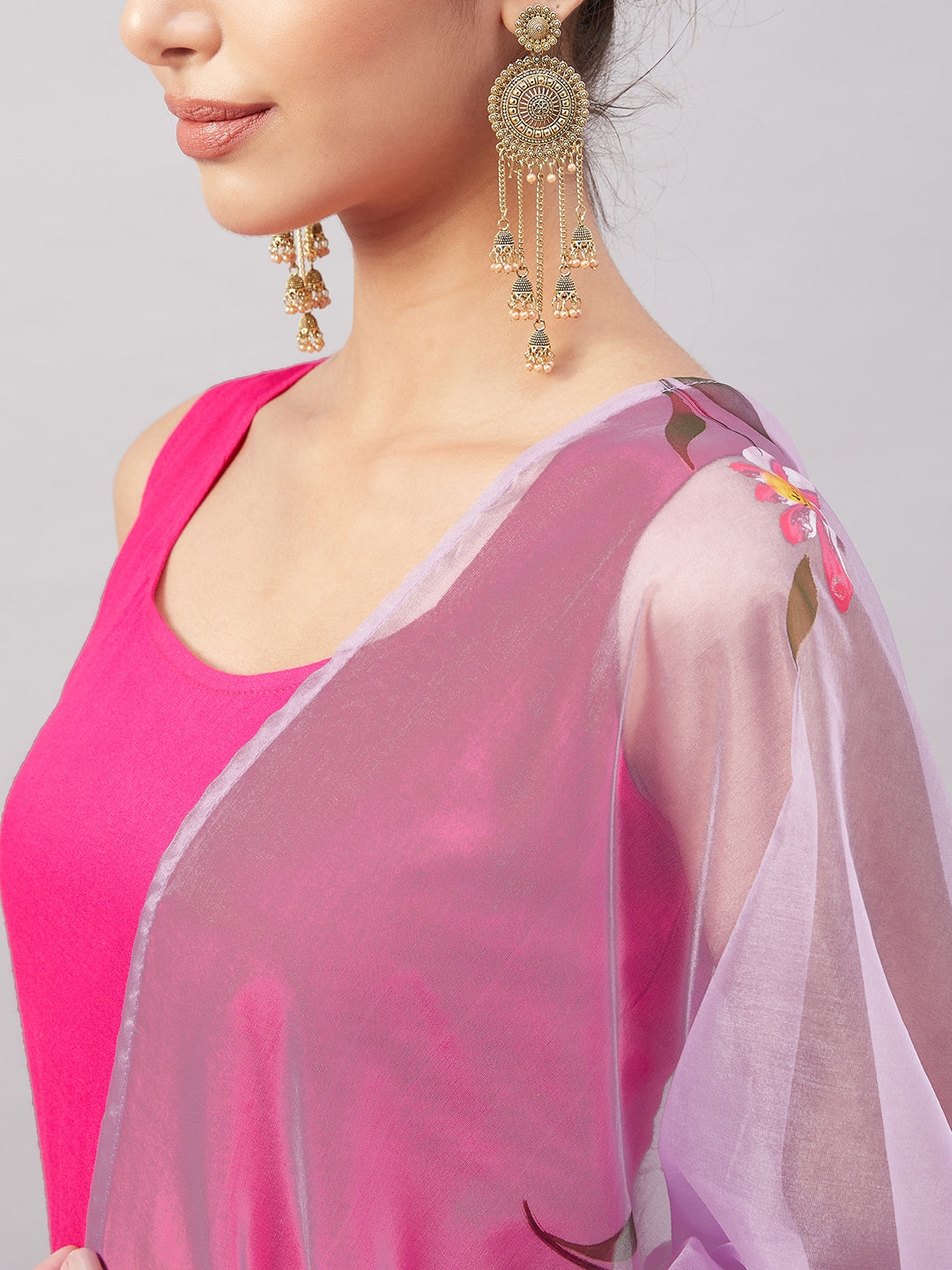 InWeave Women's Fuchsia Sleeveless Kurta Set W Mauve Handpaint Organza Dupatta - Distacart