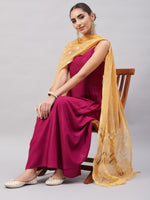 Thumbnail for InWeave Women's Wine Solid Strappy Set With Gold Banarsi Zari Dupatta - Distacart