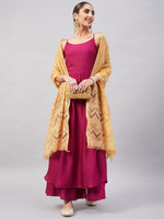 Thumbnail for InWeave Women's Wine Solid Strappy Set With Gold Banarsi Zari Dupatta - Distacart