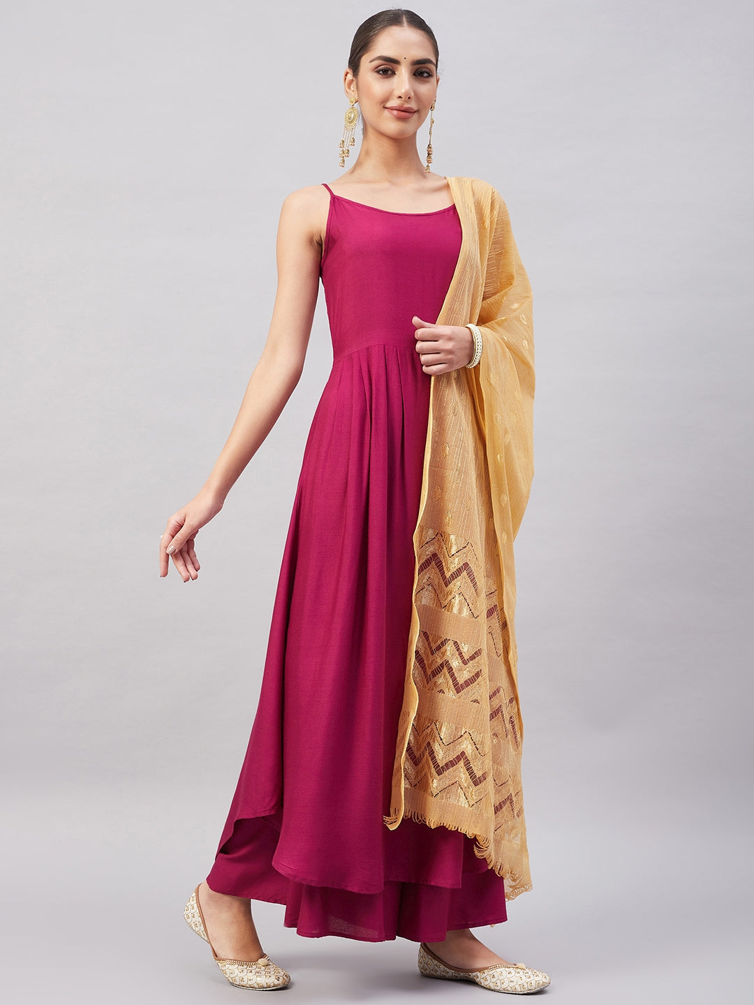 InWeave Women's Wine Solid Strappy Set With Gold Banarsi Zari Dupatta - Distacart
