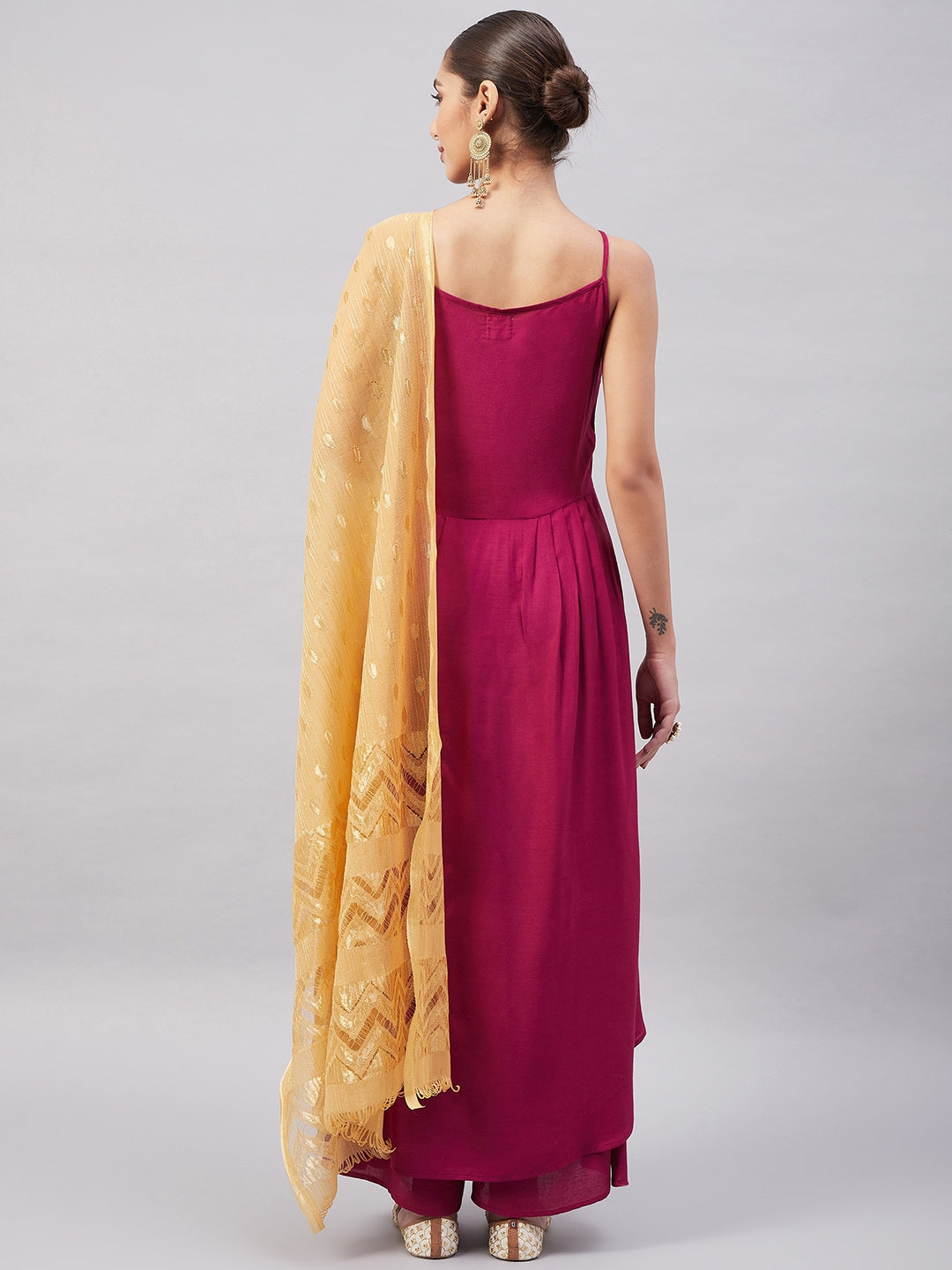 InWeave Women's Wine Solid Strappy Set With Gold Banarsi Zari Dupatta - Distacart