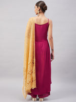 Thumbnail for InWeave Women's Wine Solid Strappy Set With Gold Banarsi Zari Dupatta - Distacart