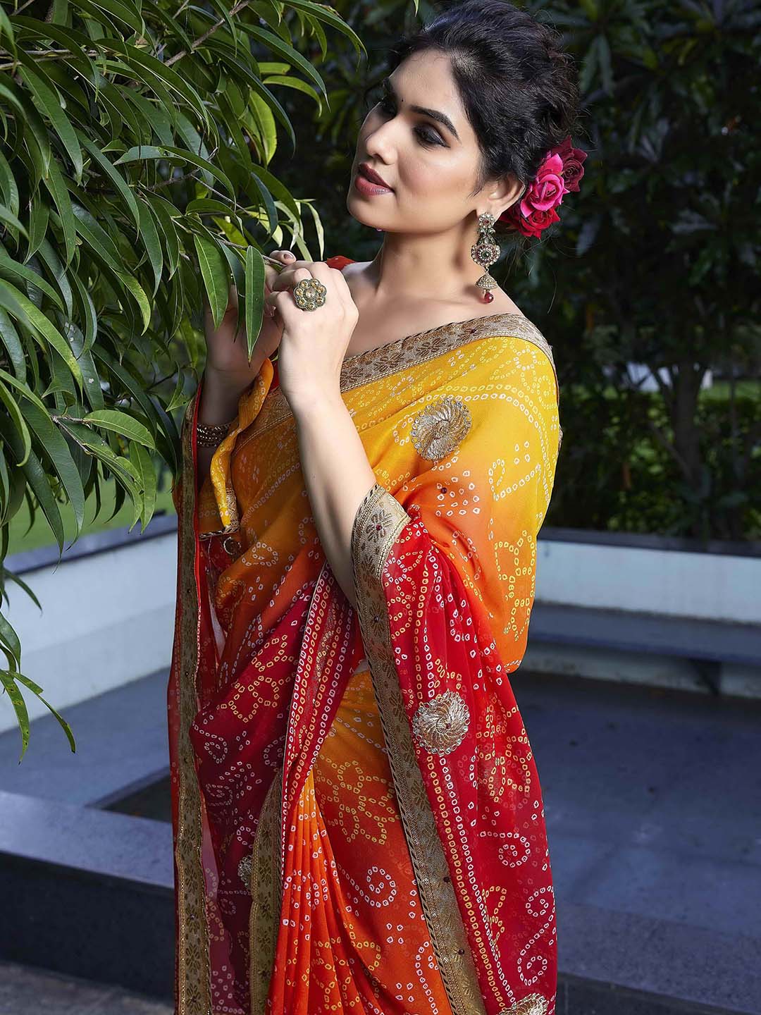 Kalini Red & Yellow Poly Georgette Embroidered Bandhani Saree - Distacart