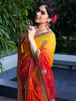 Thumbnail for Kalini Red & Yellow Poly Georgette Embroidered Bandhani Saree - Distacart