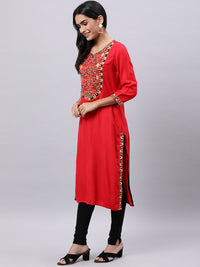 Thumbnail for Souchii Red Yoke Design Mirror Work Grandeur & Majestic Artwork Kurta - Distacart