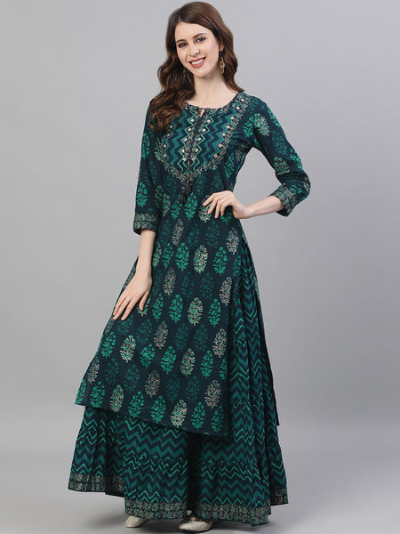 Ishin Women Navy Blue Printed Kurta with Skirt - Distacart