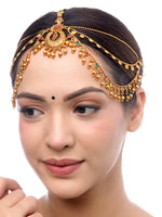 Thumbnail for Yellow Chimes Gold-Plated Red & Green Stone-Studded Layered Bridal Maatha Patti - Distacart