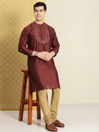 Thumbnail for House of Pataudi Men Maroon Floral Yoke Design Jashn Kurta - Distacart