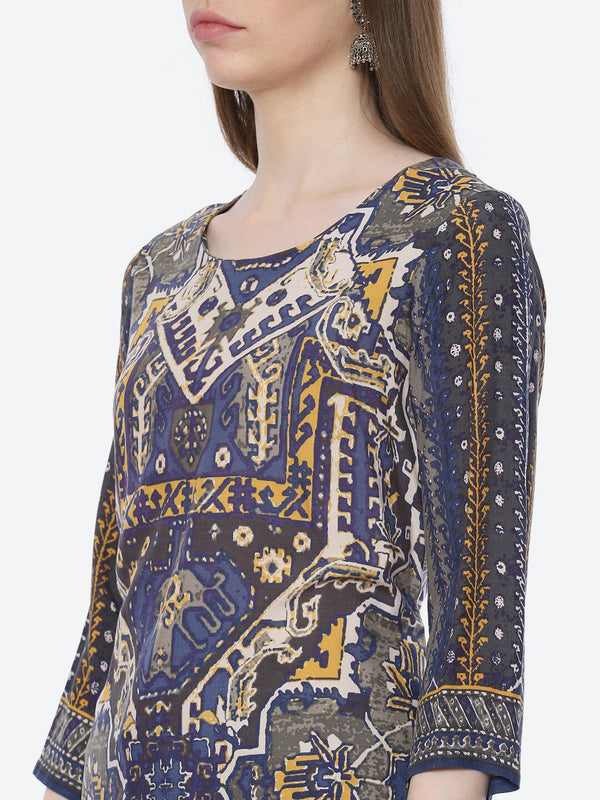 Biba Women Blue Printed Kurta with Palazzos & With Dupatta - Distacart