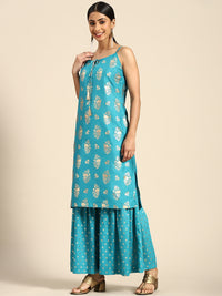 Thumbnail for Sangria Women Blue & Golden Ethnic Motifs Printed Kurta with Sharara & Dupatta - Distacart