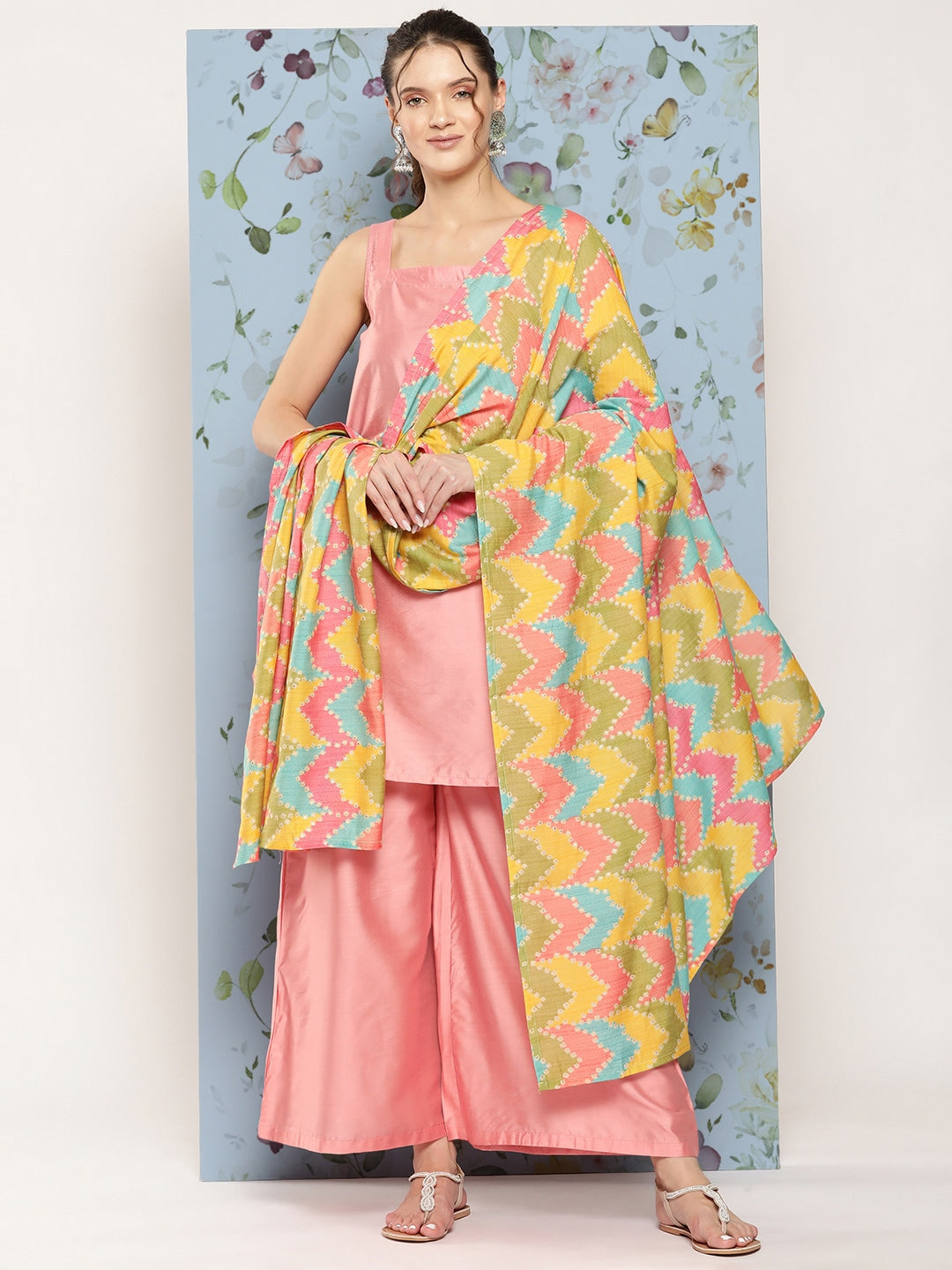 HERE&NOW Shoulder Straps Solid Straight Kurta with Palazzos & Printed Dupatta - Distacart