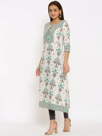 Thumbnail for HERE&NOW Off-White & Grey Floral Printed Cotton Flax A-Line Kurta - Distacart