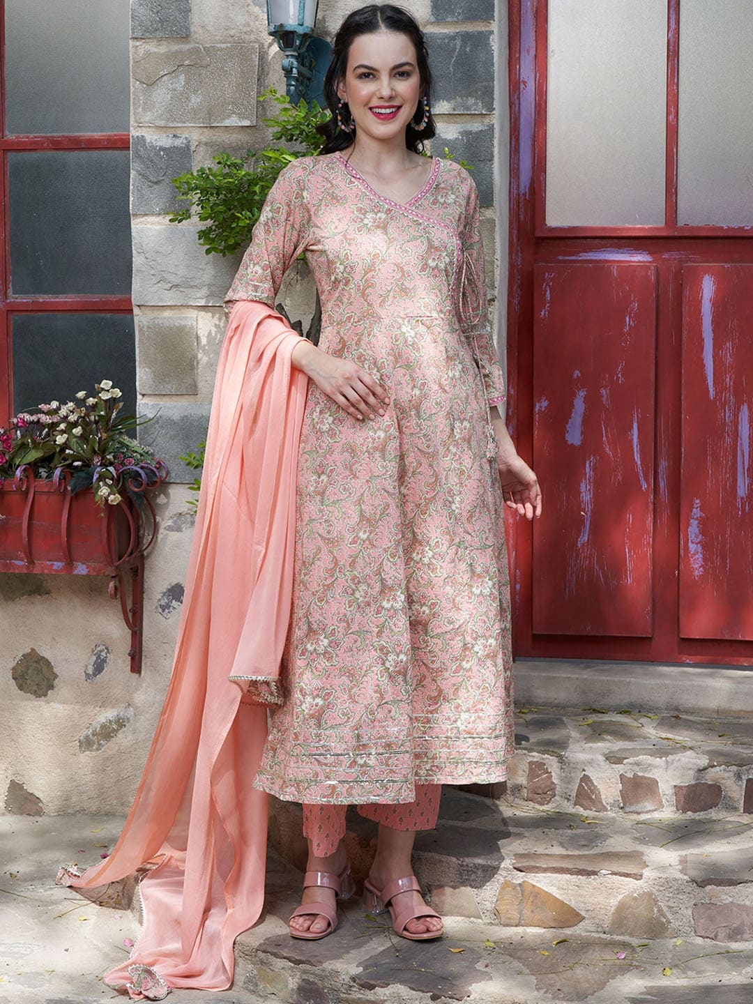 Sangria Peach Floral Printed Gotta Patti Pure Cotton A-Line Kurta with Trousers & Dupatta - Distacart