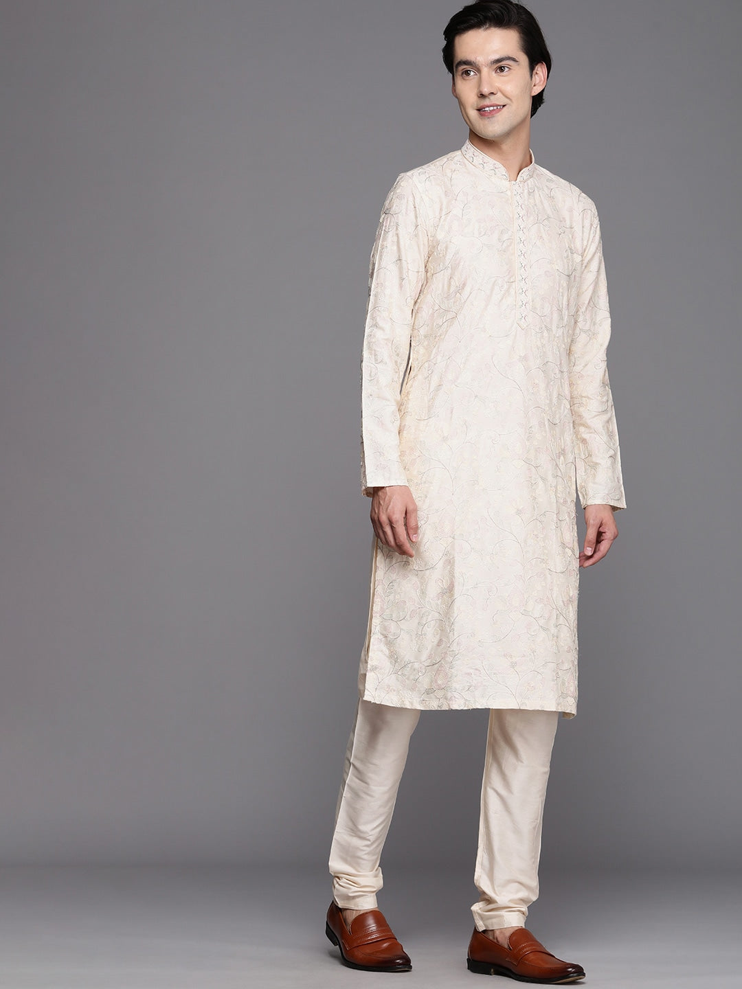 Manyavar Men Cream-Coloured Ethnic Motifs Printed Thread Work Kurta with Churidar - Distacart
