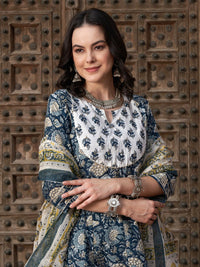 Thumbnail for Sangria Navy Blue Floral Printed Pure Cotton Anarkali Kurta With Trouser & Dupatta - Distacart