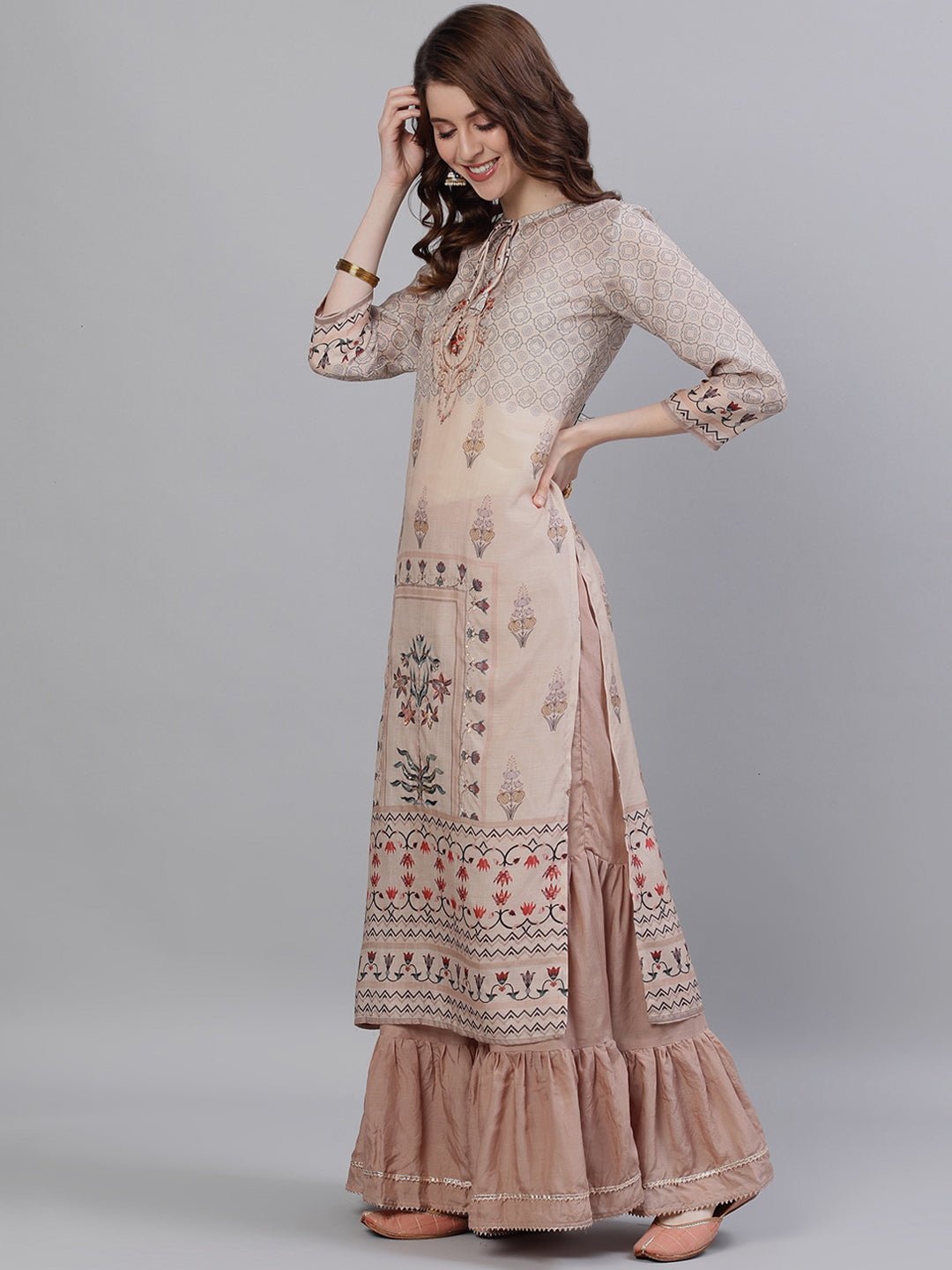 Ishin Women Peach-Coloured Embroidered Kurta with Sharara & Dupatta - Distacart