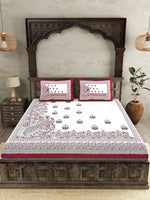 Thumbnail for JAIPUR FABRICWhite Red Ethnic Motifs Cotton 250 TC King Bedsheet With 2 Pillow Covers - Distacart