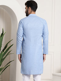 Thumbnail for Sojanya Men Blue Dobby Self-Checked Straight Kurta - Distacart