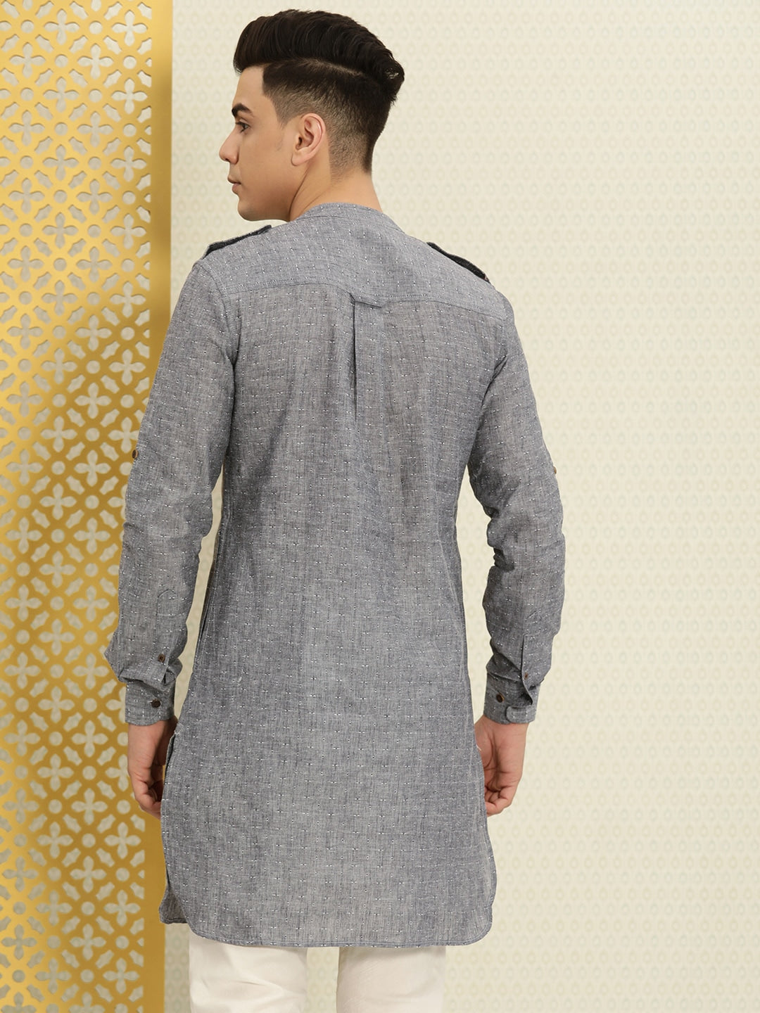 House of Pataudi Men Grey Solid Roll Up Sleeved Pathani Kurta - Distacart